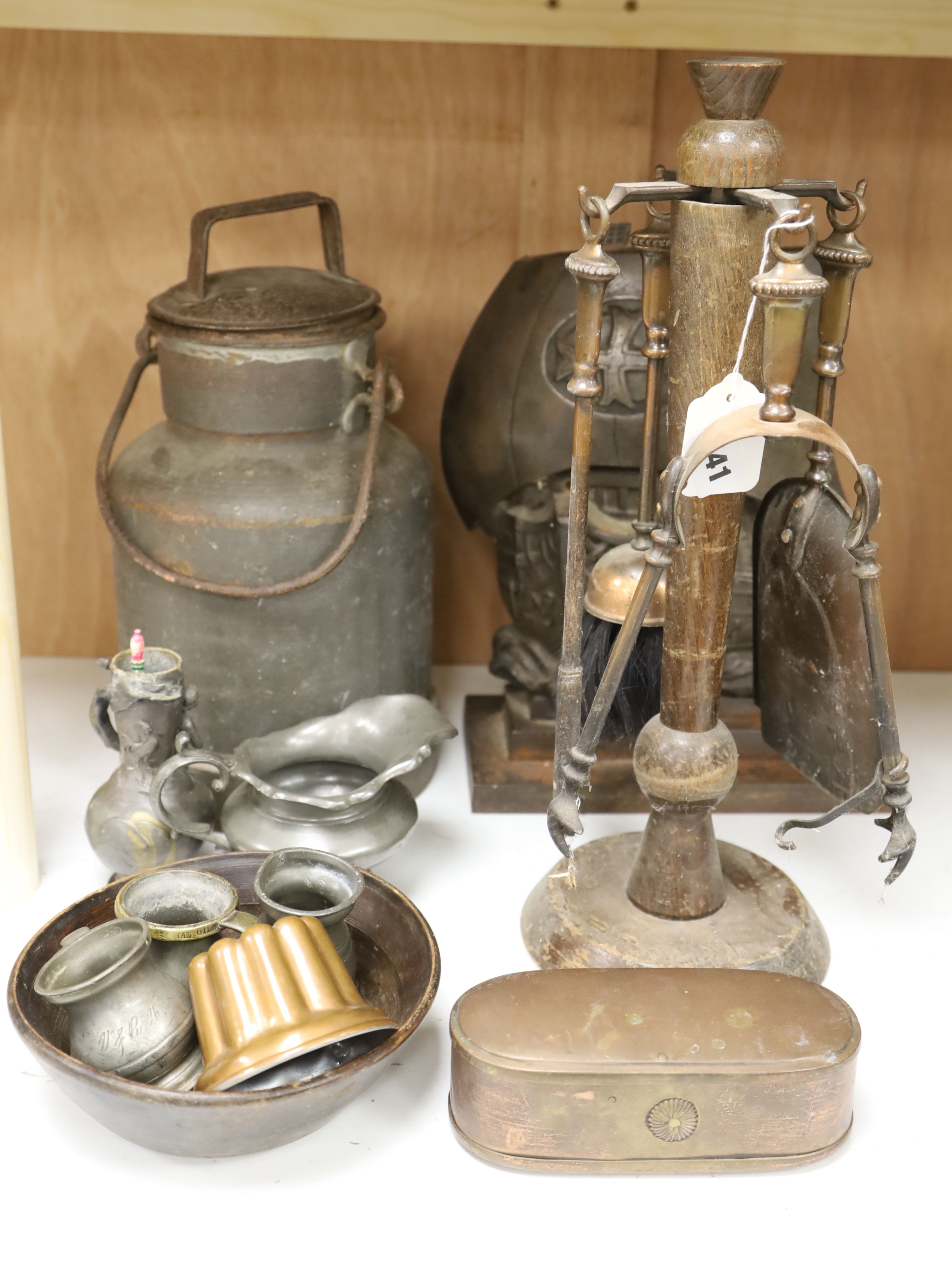 Assorted metalware including a copper tobacco box, a miniature jelly mould, etc